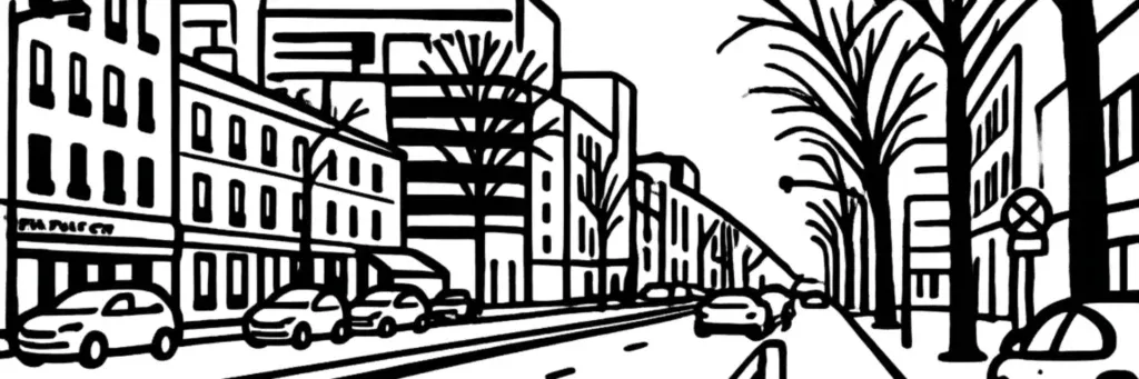 Le quartier Route de la Reine à Boulogne-Billancourt, l'axe de la route de la Reine reliant le centre de la commune à la Porte de Saint-Cloud et à Paris, immeubles haussmanniens et de standing, illustration au trait