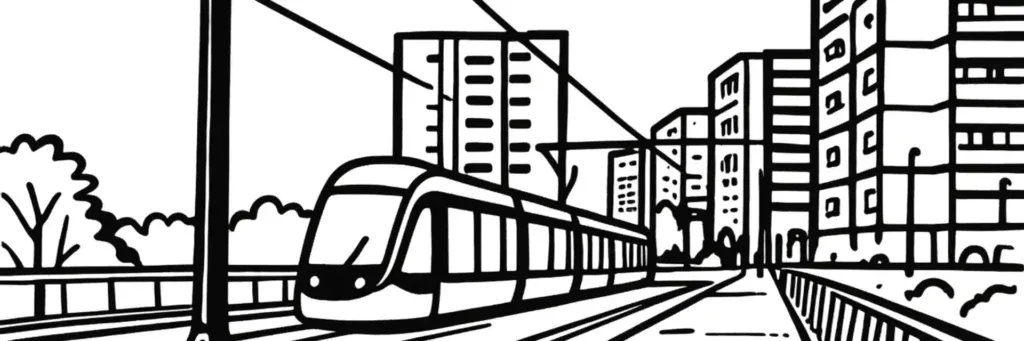 Le quartier Bellevue à Brest, le grand quartier des années 1960 au nord-ouest, le campus de sciences de l'université de Bretagne occidentale, le centre commercial, le tramway et les ensembles résidentiels, illustration au trait