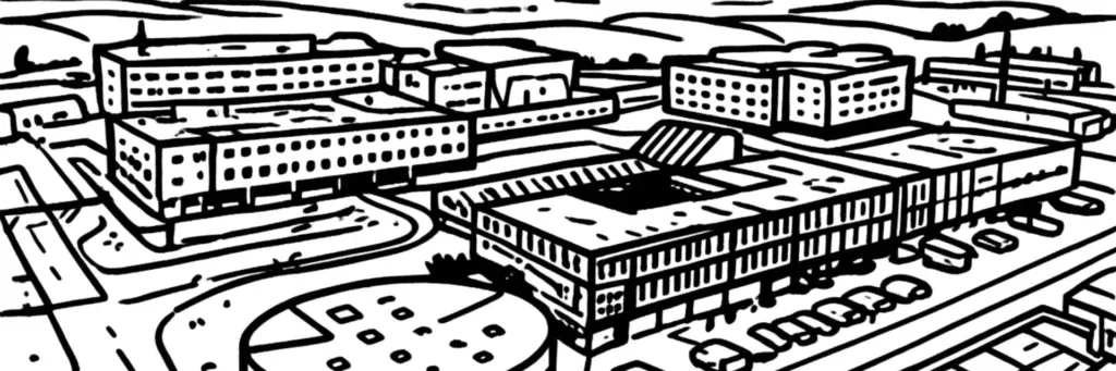 Le quartier Cavale Blanche à Brest, l'hôpital de la Cavale Blanche du CHRU à l'ouest de la ville, les ensembles résidentiels, les espaces verts et les commerces de proximité, illustration au trait