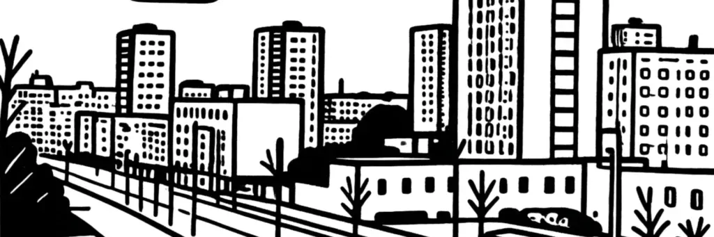 Le quartier de l'Europe à Brest, le secteur reconstruit de l'ancien Pontanézen à l'est de la ville, l'esplanade, le tramway, les immeubles résidentiels et les commerces, illustration au trait