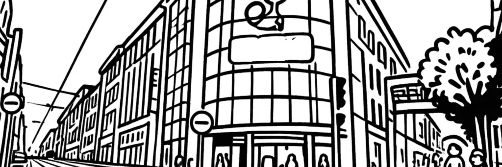 Le quartier Jaurès à Brest, la rue Jean Jaurès et sa longue artère commerçante, la place de Strasbourg, l'église Saint-Michel, les commerces de proximité et les immeubles de la reconstruction, illustration au trait