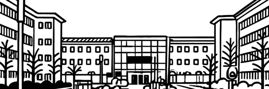 Le quartier Kerichen à Brest, la cité scolaire Kerichen-Montaigne et ses lycées, l'université de Bretagne occidentale toute proche, les immeubles résidentiels et les espaces verts, en limite de Bellevue, illustration au trait