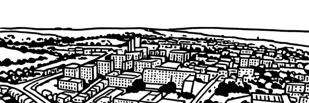 Le quartier Kerourien à Brest, secteur résidentiel de la rive droite à l'ouest du pont, les ensembles de logements, les espaces verts et les commerces de proximité, près de la Cavale Blanche, illustration au trait