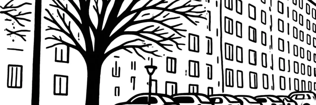 Le quartier Le Guelmeur à Brest, secteur résidentiel de l'est en lisière de Saint-Marc, les rues pavillonnaires, le secteur du Forestou, les maisons et les commerces de proximité, illustration au trait
