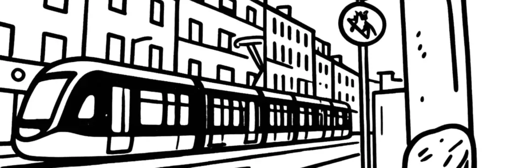 Le quartier Pilier Rouge à Brest, le carrefour du Pilier Rouge à l'est de la ville, les commerces de proximité, l'axe de la rue Anatole France, les immeubles résidentiels et le secteur de Sébastopol, illustration au trait