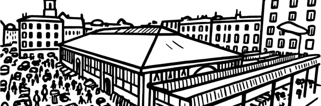 Le quartier Saint-Martin à Brest, les rues commerçantes épargnées par les bombardements, les halles et le marché Saint-Martin, la place Guérin et ses cafés, les façades anciennes et l'ambiance bohème, illustration au trait