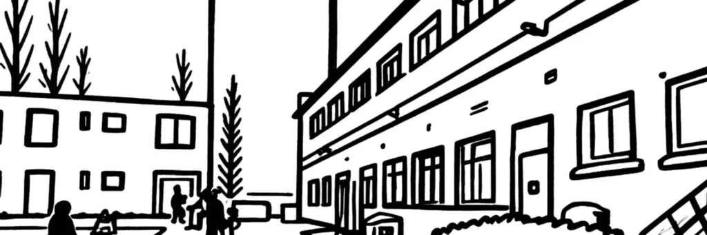 Le quartier Sanquer à Brest, la place Sanquer, l'université de lettres Victor-Segalen toute proche, un lycée, les immeubles résidentiels de la reconstruction et les commerces de proximité, illustration au trait