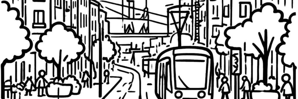 Le quartier Siam à Brest, la rue de Siam qui descend de la place de la Liberté et de la mairie jusqu'au château de Brest et à la Tour Tanguy, le port de commerce, la station du tramway et la gare aval du téléphérique urbain, illustration au trait