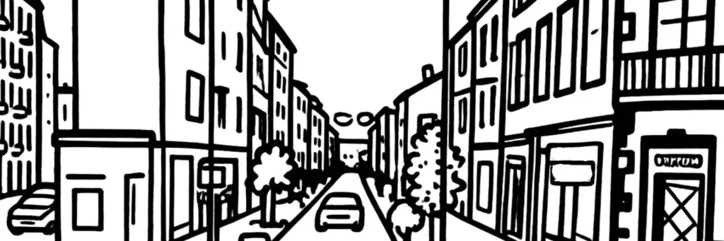 Le quartier Charras à Clermont-Ferrand, le secteur Pélissier et l'ancienne caserne Charras reconvertie, la proximité de la gare SNCF, illustration au trait