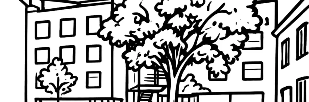 Le quartier Gabriel Péri à Clermont-Ferrand, l'avenue Gabriel Péri et l'avenue de la Libération, les immeubles bourgeois proches de Jaude, illustration au trait