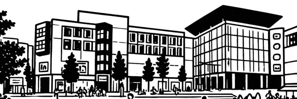 Le quartier Jaude à Clermont-Ferrand, la place de Jaude et la statue de Vercingétorix, la cathédrale Notre-Dame-de-l'Assomption en pierre de Volvic noire, les rues piétonnes commerçantes, illustration au trait