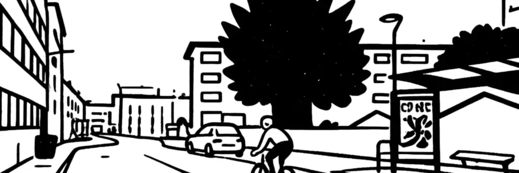 Le quartier L'Oradou à Clermont-Ferrand, son tissu pavillonnaire et résidentiel au sud-est de la ville, ses maisons et ses rues calmes, illustration au trait