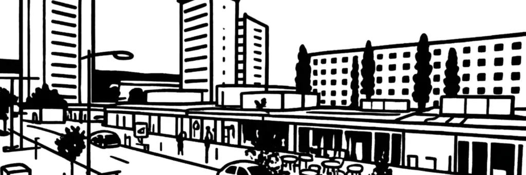 Le quartier La Gauthière à Clermont-Ferrand, ses ensembles résidentiels du nord de la ville en rénovation urbaine, les espaces verts et la desserte par les transports, illustration au trait