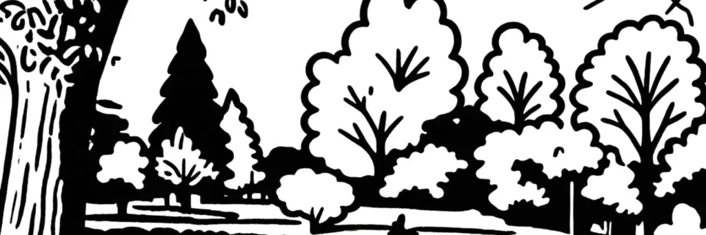 Le quartier Lecoq à Clermont-Ferrand, le jardin Lecoq et son grand parc, le quartier Trudaine, les facultés de droit et de lettres de l'université, illustration au trait