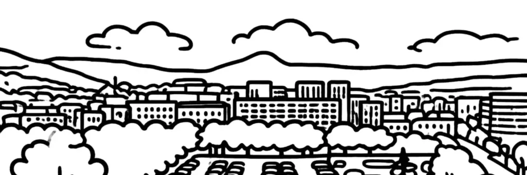 Le quartier Les Salins à Clermont-Ferrand, son tissu résidentiel et étudiant au nord-ouest du centre, ses immeubles et maisons proches des facultés, illustration au trait