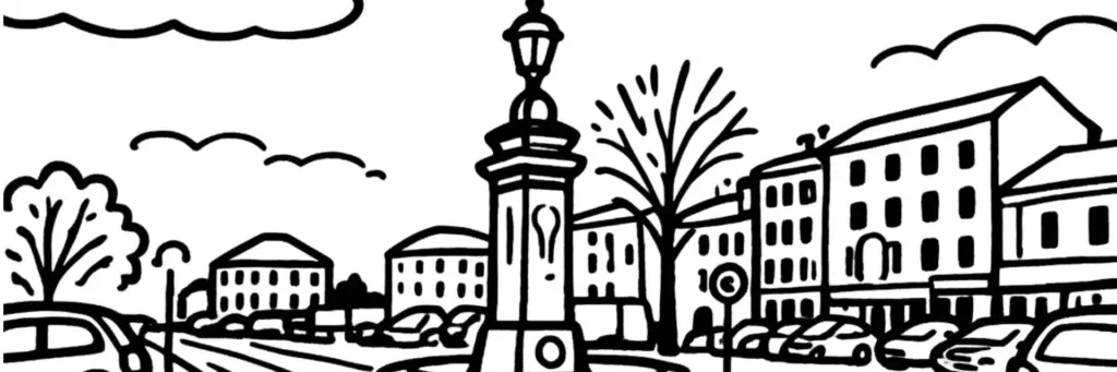 Le quartier Montferrand à Clermont-Ferrand, la vieille ville médiévale et ses hôtels Renaissance, la tour de l'Horloge, le plan en damier et la proximité des usines Michelin de Cataroux, illustration au trait