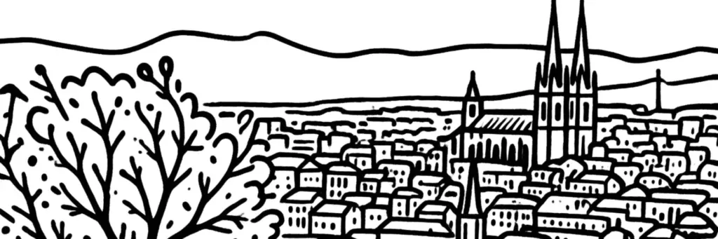 Le quartier Montjuzet à Clermont-Ferrand, le parc de Montjuzet sur son coteau et son panorama sur la chaîne des Puys, le secteur Jean Zay et l'ancienne usine Bergougnan, illustration au trait