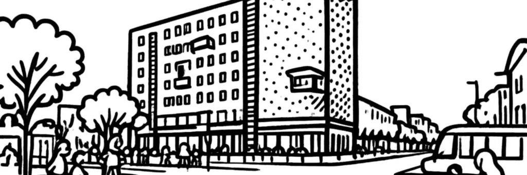 Le quartier République à Clermont-Ferrand, l'avenue de la République et ses immeubles bourgeois, la proximité de la cathédrale et du centre commerçant, illustration au trait