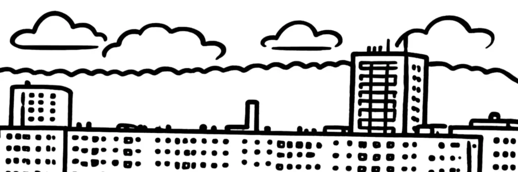Le quartier Saint-Jacques à Clermont-Ferrand, le CHU Gabriel-Montpied, les ensembles résidentiels du sud de la ville et la proximité des campus universitaires, illustration au trait