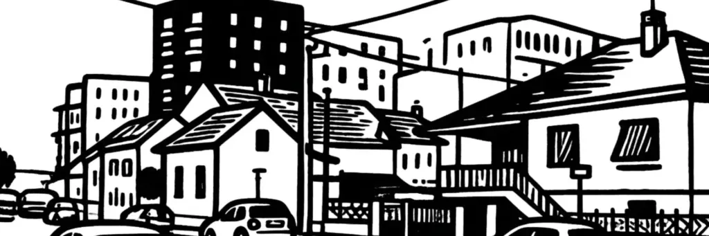 Le quartier des Bourroches à Dijon, les rues pavillonnaires, les petits collectifs, le secteur de Larrey et son ancien prieuré, au sud-ouest de la ville, illustration au trait