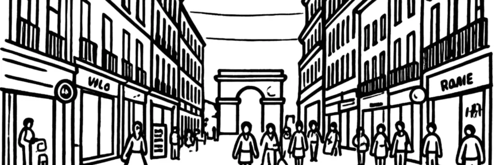 Le centre de Dijon, la place de la Libération, le palais des ducs de Bourgogne, l'église Notre-Dame et sa chouette, la rue de la Liberté commerçante, illustration au trait