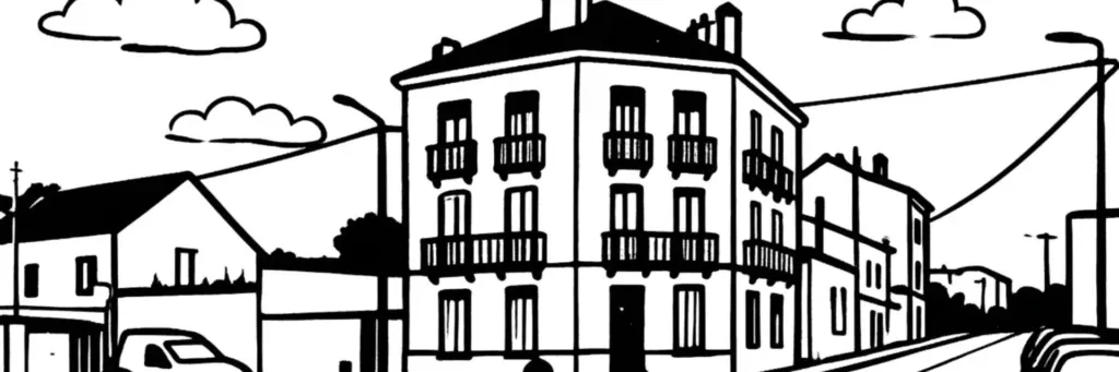 Le quartier Chevreul à Dijon, le square Chevreul, le parc de la Colombière, le cours du Parc et le CHU Champmaillot le long de l'avenue Jean Jaurès, illustration au trait