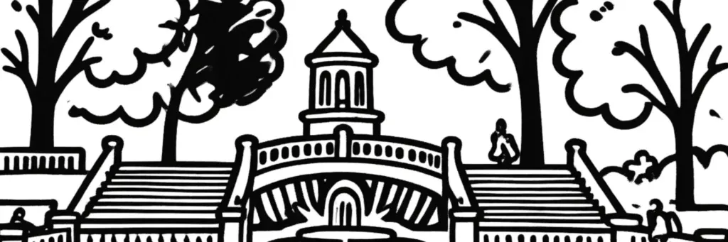 Le quartier Darcy à Dijon, la place et le jardin Darcy, la porte Guillaume en arc de triomphe, les immeubles bourgeois à l'entrée ouest du centre, illustration au trait