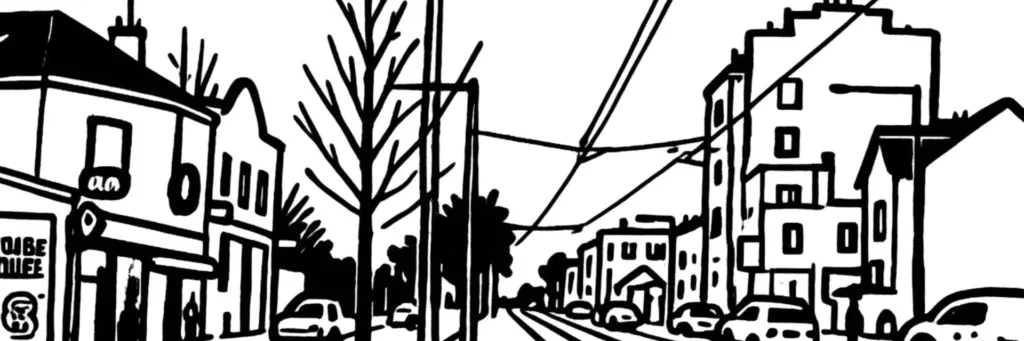 Le quartier Drapeau à Dijon, la place du Drapeau, le secteur République, les boulevards Carnot et Clemenceau, les immeubles bourgeois au nord du centre, illustration au trait