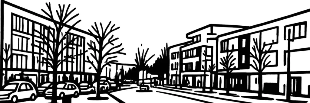 Le quartier des Grésilles à Dijon, le grand ensemble des années 1960 en rénovation urbaine, les secteurs York et Lochères et l'église Sainte-Bernadette, au nord-est de la ville, illustration au trait