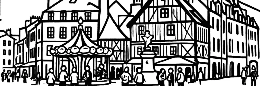 Le quartier Montchapet à Dijon, les rues pavillonnaires calmes, les écoles, les maisons bourgeoises de l'avenue Victor-Hugo et la place Darcy, illustration au trait