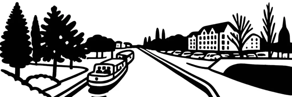 Le Port du Canal à Dijon, le bassin du canal de Bourgogne et ses péniches, le jardin de l'Arquebuse, la Chartreuse de Champmol et le secteur réhabilité des Tanneries, illustration au trait