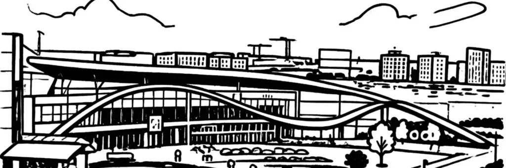 Le quartier de la Toison d'Or à Dijon, le grand centre commercial, le parc tertiaire de Valmy, les zones résidentielles récentes au nord de la ville, illustration au trait