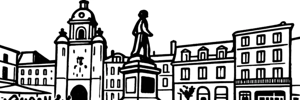 Le centre historique de La Rochelle, le Vieux-Port et ses tours médiévales, les rues à arcades, la rue du Palais et les façades en pierre blanche, illustration au trait