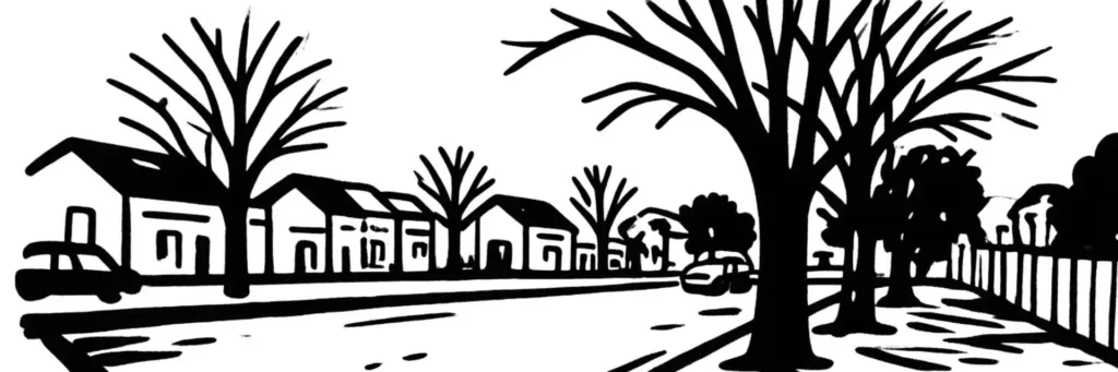 Le quartier de Fétilly à La Rochelle, ses maisons individuelles avec jardin, le secteur de Bel-Air, dans une ambiance résidentielle et verte au nord du centre, illustration au trait
