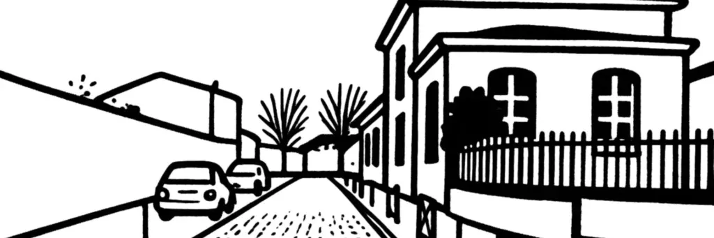 Le quartier de Laleu à La Rochelle, son ancien village, ses maisons, l'église et la proximité du port de commerce de La Pallice et de Chef de Baie, illustration au trait