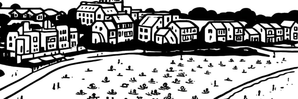 Le quartier des Minimes à La Rochelle, le port de plaisance et ses pontons, le campus universitaire, les plages et le bus de mer reliant le Vieux-Port, illustration au trait