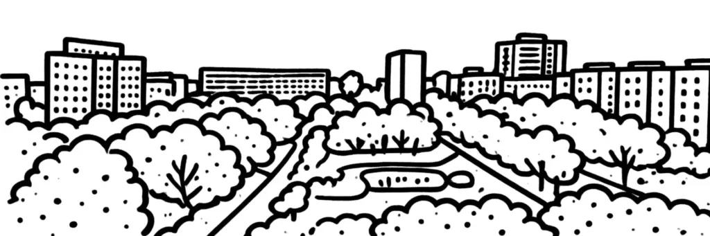 Le quartier de Mireuil à La Rochelle, ses ensembles d'habitat rénovés, ses espaces verts et ses équipements publics au nord-ouest de la ville, illustration au trait