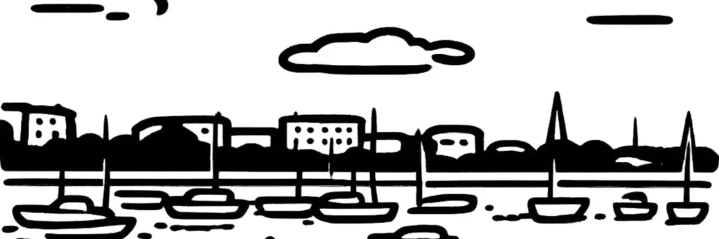 Le quartier de Port-Neuf à La Rochelle, sa presqu'île résidentielle face à la mer, ses maisons et ses immeubles à l'ouest du centre, illustration au trait