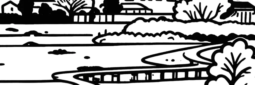 Le quartier de Tasdon à La Rochelle, son ancien village, ses maisons, le parc et les marais de Tasdon près de la baie, illustration au trait
