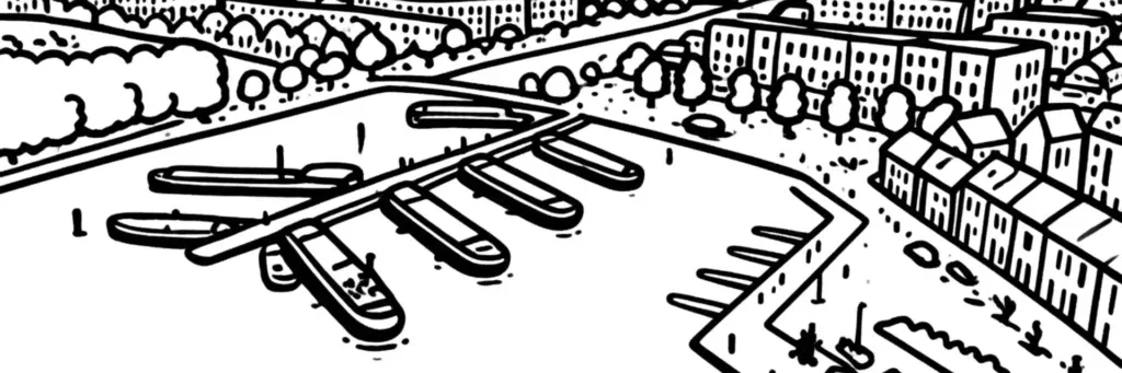 L'île de Bois-Blancs entre les bras de la Deûle, le campus numérique Euratechnologies et les anciennes usines reconverties à Lille, illustration au trait