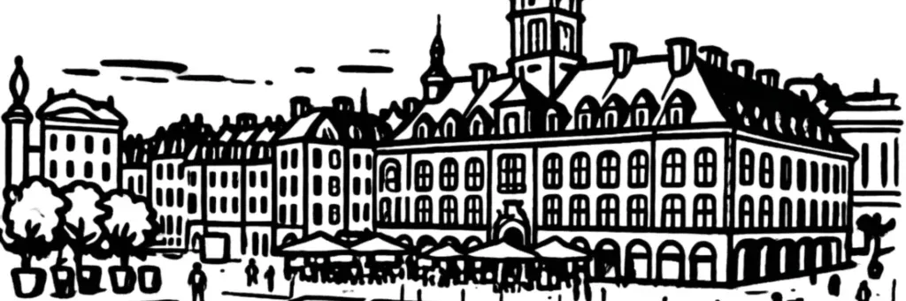 La Grand'Place de Lille, la colonne de la Déesse, le théâtre du Nord et la rue de Béthune, illustration au trait