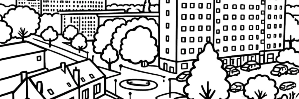 Le Faubourg de Béthune à Lille, le centre hospitalier régional, le campus Eurasanté et les rues résidentielles, illustration au trait