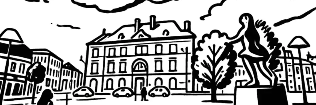 Le quartier Fives à Lille, l'ancienne usine Fives-Cail, l'église Saint-Géry et les maisons ouvrières de brique, illustration au trait
