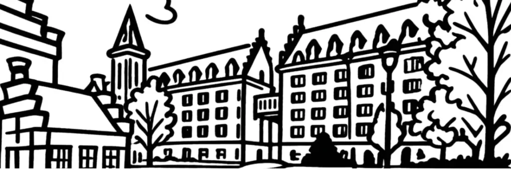 Le quartier Moulins à Lille, la faculté de droit, les rues étudiantes et les maisons de brique, illustration au trait