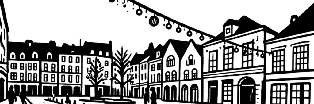 Les rues pavées du Vieux-Lille, les façades flamandes de brique et de pierre et la cathédrale Notre-Dame de la Treille, illustration au trait