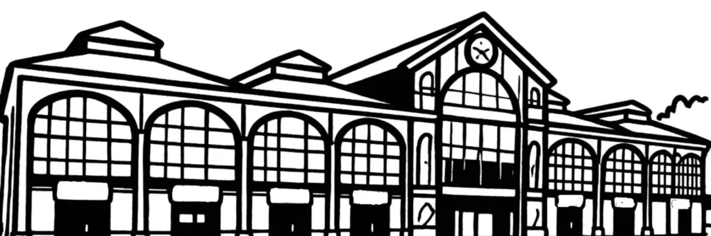 Le marché de Wazemmes, la halle couverte, l'église Saint-Pierre-Saint-Paul et les rues animées du quartier à Lille, illustration au trait