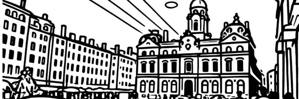 Les pentes de la Croix-Rousse et la place des Terreaux dans le 1er arrondissement de Lyon, façades anciennes, illustration au trait