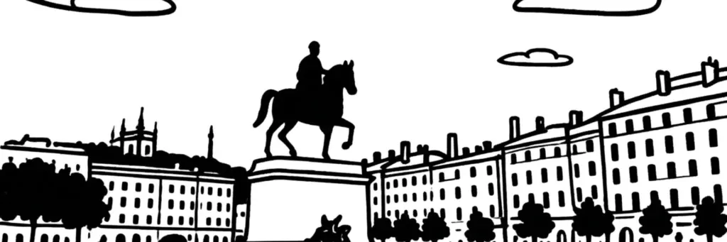 La Presqu'île, la place Bellecour et le quartier de la Confluence dans le 2e arrondissement de Lyon, illustration au trait