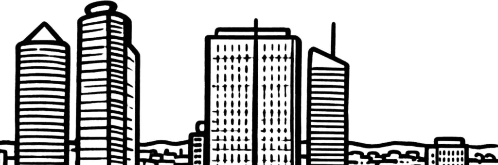 Le quartier de la Part-Dieu et la Préfecture dans le 3e arrondissement de Lyon, tours et immeubles, illustration au trait