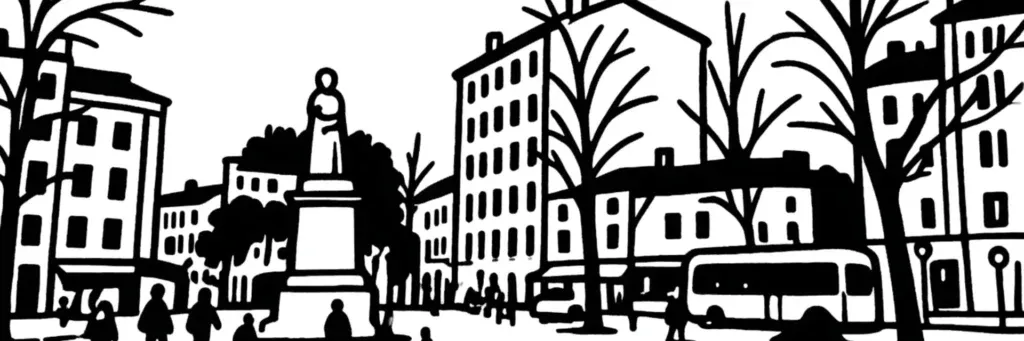 Le plateau de la Croix-Rousse et le boulevard de la Croix-Rousse dans le 4e arrondissement de Lyon, illustration au trait